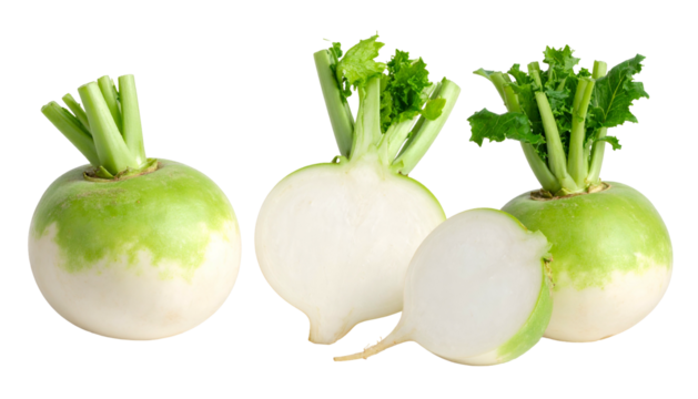 Three round, white and green vegetables with leafy tops, one sliced to show texture