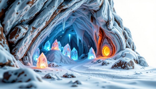 a ice cave glowing crystals with ice dusted rooftops, built on a frosted glass shell, premium collector style, isolated on pure white background, ultra sharp, minimal to no shadow. - Powered by Adobe