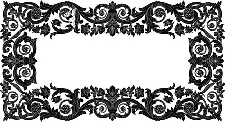 Elegant black-and-white ornamental frame border featuring intricate baroque and rococo style scrollwork, swirls, and floral details for design elements, invitations, and decoration.
