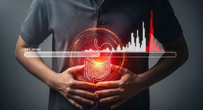 Digestive health concept with stomach and intestine illustration showing pH level, ideal for healthcare marketing materials and medical education campaigns, promoting gut health - Powered by Adobe