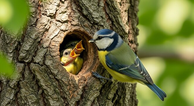 Eurasian blue tit feeding fledglings in a tree cavity nest