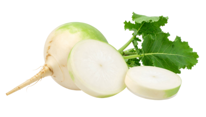 Close-up of a halved root vegetable with green top and slices, against a black background
