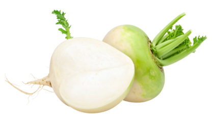 Close-up of two turnips, one whole, one sliced to display white inner flesh