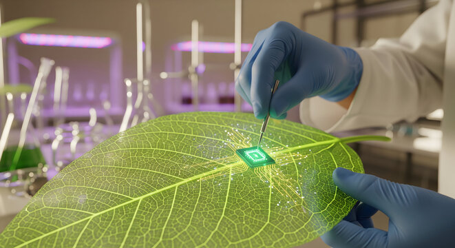 Innovative bio tech scientist integrates chip into plant leaf for groundbreaking research, pushing the boundaries of nature and technology for a sustainable future