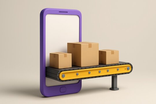 Concept of mobile phone with conveyor belt delivering cardboard boxes representing ecommerce logistics and online shopping process efficiency. Ai generative - Powered by Adobe