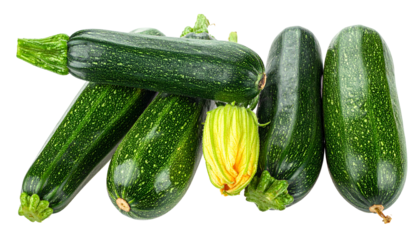Close-up of several dark green, cylindrical vegetables with one blossom, all on a dark background