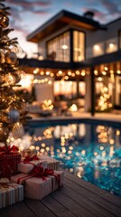 Modern home with poolside Christmas lights and festive gifts