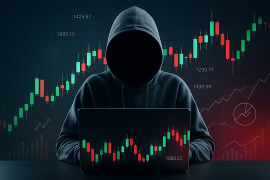 Mysterious hacker in hoodie using laptop with stock market candlestick charts in dark background, symbolizing cybercrime and financial data breach. Ai generative - Powered by Adobe