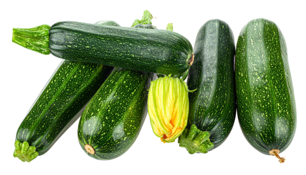 Close-up of several dark green, cylindrical vegetables with one blossom, all on a dark background
