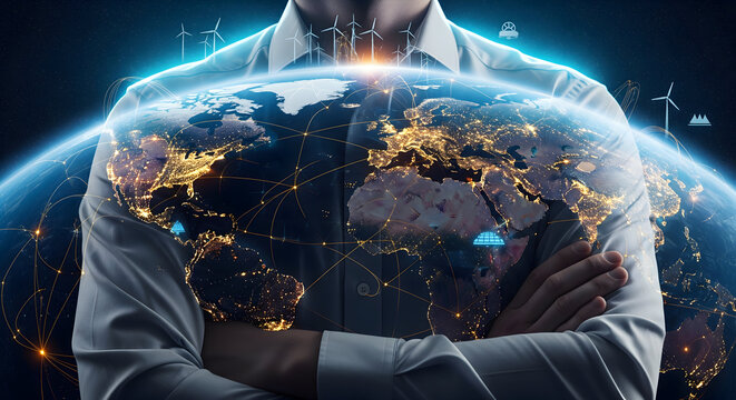 Innovative leader embracing global sustainability with renewable energy solutions and worldwide connectivity, fostering a brighter future for planet Earth today