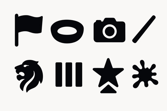 Minimalist icon set featuring flag, camera, lion, star, and more for modern design projects