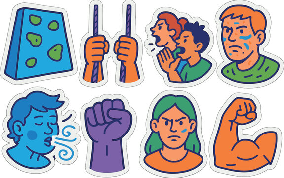 Adventure and power icons set featuring climbing, teamwork, and strength elements for graphic design