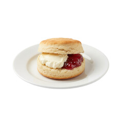 Delicious Scone with Cream and Strawberry Jam Served on a White Plate Isolated on Black Background