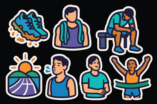 Vibrant achievement icons featuring fitness, sports, and motivation for design projects