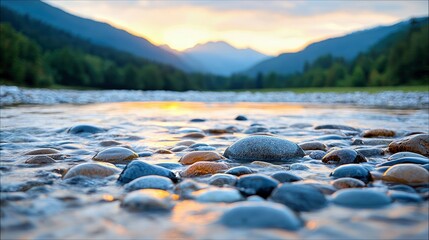 Close-up of smooth, colorful pebbles submerged in clear, flowing river water. In the background, a lush green forest leads to majestic mountains under a soft, g