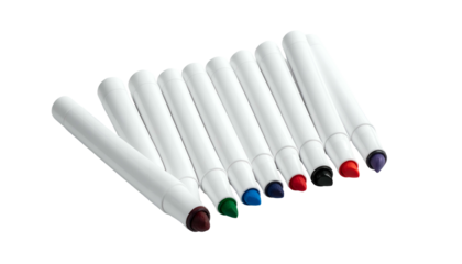 A diagonal arrangement of eight cylindrical writing instruments with colorful tips on a black background
