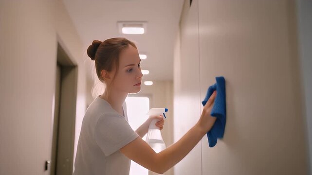 Woman Cleaning Wall with Cloth in Hallway.