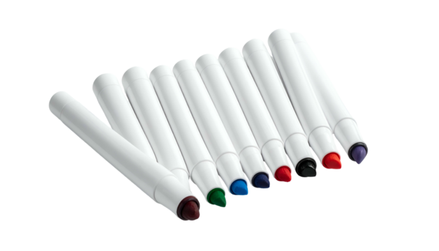 A diagonal arrangement of eight cylindrical writing instruments with colorful tips on a black background
