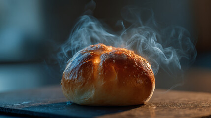 A close up shot of a freshly baked bread roll with steam rising from the top side