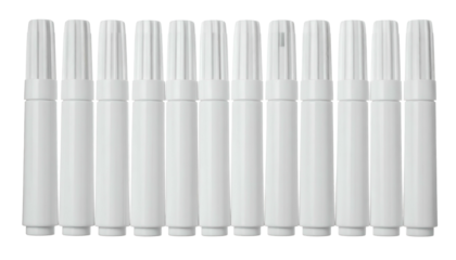 Close-up of eleven white cylindrical objects with ribbed tops and smooth bodies