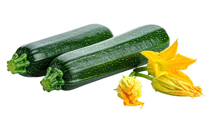 Two fresh green zucchini with yellow blossoms, against a transparent black background