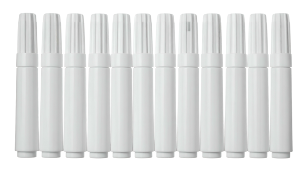 Close-up of eleven white cylindrical objects with ribbed tops and smooth bodies