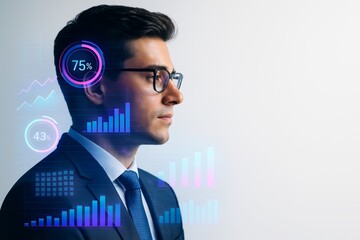 Businessman analyzing futuristic digital statistics interface with holographic charts and graphs on white background in modern concept style. Ai generative