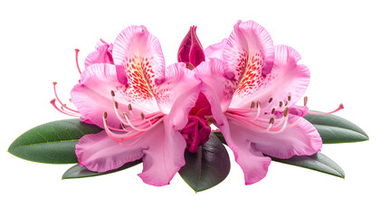 Close-up view of two pink blossoms and green leaves against a transparent background