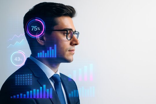 Businessman analyzing futuristic digital statistics interface with holographic charts and graphs on white background in modern concept style. Ai generative