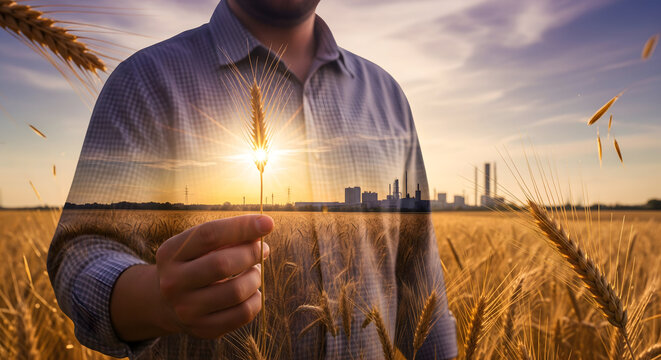 Inspiring agriculture concept showing a farmer holding wheat with a golden wheat field and industrial buildings at sunset, symbolizing the blend of nature and industry for sustainable food production