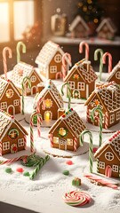 Naklejka premium Gingerbread houses and candy canes arranged aesthetically on a snowy surface, soft warm lighting, Christmas bakery theme.