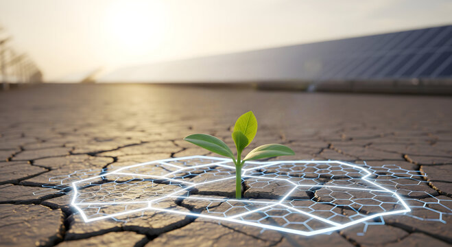 Witnessing vibrant green sprout triumph in cracked earth, symbolizing resilience and growth with rising financial charts, signaling hope for a sustainable future