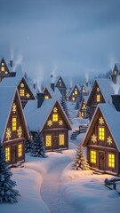 Fototapeta premium Cute Scandinavian-style winter village, tiny wooden houses with warm yellow windows, snow-covered rooftops, cozy aesthetic, vertical wallpaper