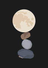 Meditative Rock Cairn Painting - Earthly Stones Reaching for the Celestial Moon. Stone stacking art, Rock balancing, Moon and stone, Zen painting.