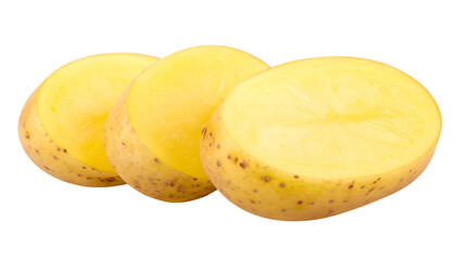 Three potato halves, sliced and arranged, showcasing the textured skin and yellow flesh