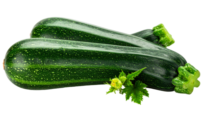 Two long, green zucchini vegetables with leafy blossoms and stems against a black background