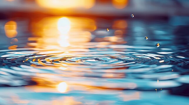 Close-up of water surface with ripples and falling droplets, reflecting warm bokeh lights from an unseen source. The scene is abstract and serene.