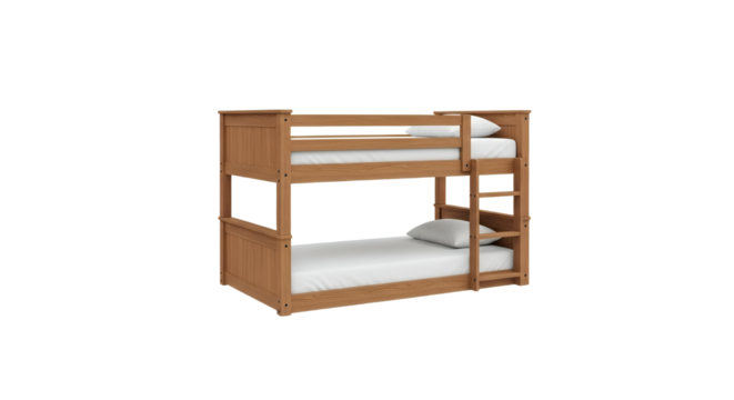 Classic Wooden Bunk Bed Frame with Ladder on White Background Shows Modern Furnishing and Practical Bedroom Space Saving Solution