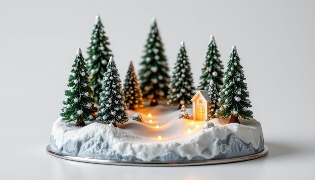 frozen forest micro world design using silver trimmed base, accented with soft led interior glow, warm holiday ambiance, isolated on pure white background, ultra sharp, minimal to no shadow.