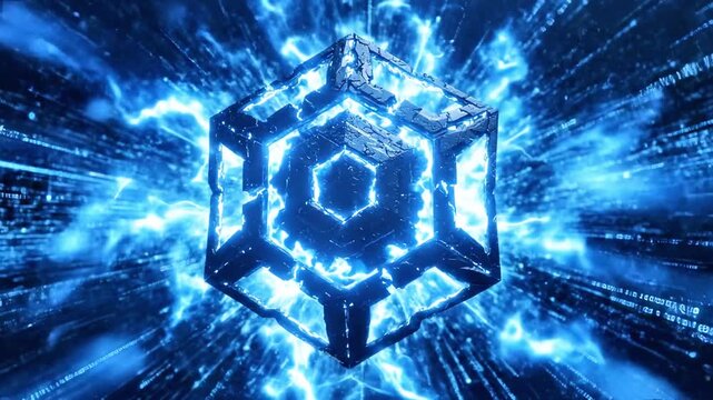 Glowing blue cube with crystalline edges, surrounded by radiant digital energy streams and sparks!!!
