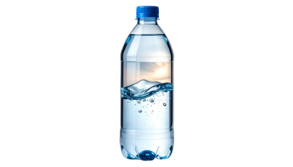 Clear plastic bottle containing transparent liquid with a miniature landscape inside