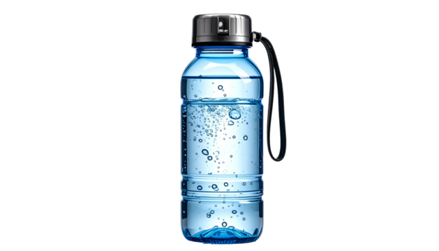 Transparent blue water bottle with silver cap, black strap, filled with clear water, bubbles