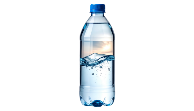 Clear plastic bottle containing transparent liquid with a miniature landscape inside