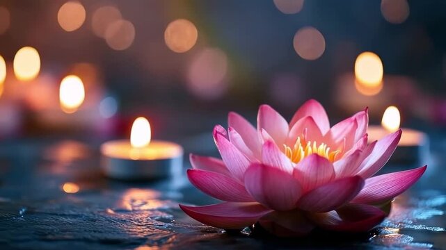 Pink lotus flower floating on water with lit candles providing a tranquil ambiance
