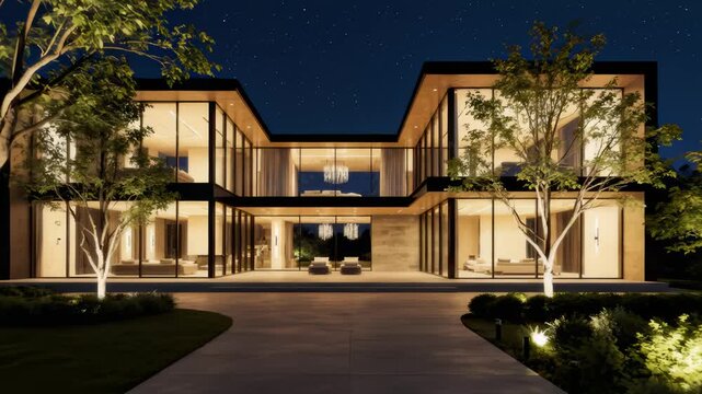 Establishing Shot of Modern Villa at Night Under Starry Sky