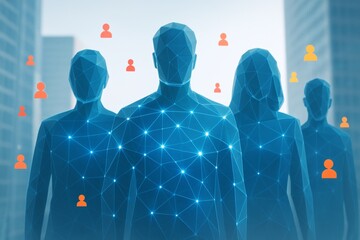Futuristic digital silhouettes of networked people with glowing nodes and social icons on modern cityscape background concept of digital connectivity. Ai generative