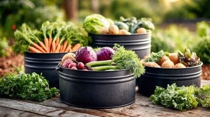 Freshly harvested vegetables in black containers on a wooden surface in a garden.