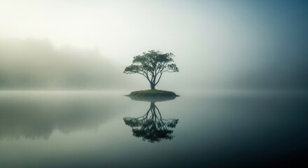 A solitary, lone tree stands on a tiny island in a misty, still lake, perfectly reflected in the water.