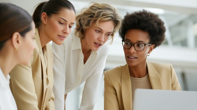 Group of professional women engage in a collaborative discussion around a laptop in a modern office setting. They share ideas and work together on their project goals, showcasing teamwork - Powered by Adobe