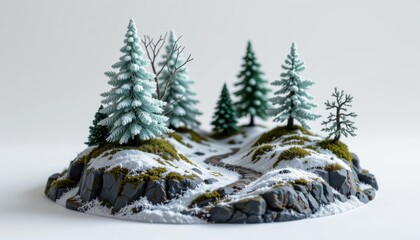 frozen forest micro world design using stone texture foundation, accented with sparkling frozen trees, fantasy inspired miniature scene, isolated on pure white background, ultra sharp